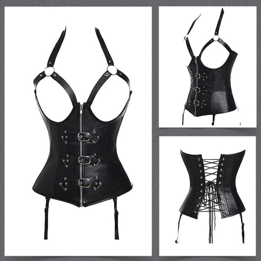 Kinky Cloth Black / S / China Open Bust Leather Corset
