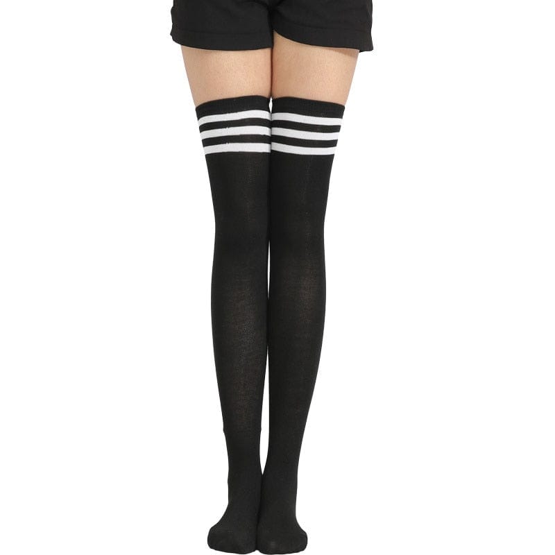 Kinky Cloth Black (Stripe White) / One Size Over Knee Lolita Striped Socks