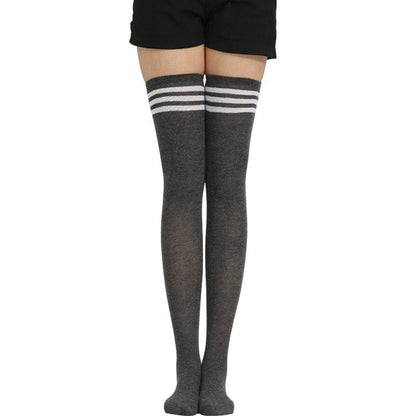 Kinky Cloth Gray (Stripe White) / One Size Over Knee Lolita Striped Socks