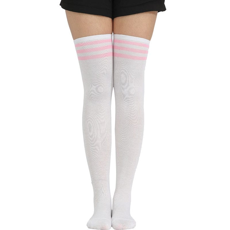 Kinky Cloth White (Stripe Pink) / One Size Over Knee Lolita Striped Socks