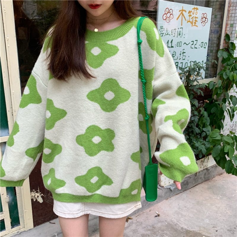 Kinky Cloth Green / One Size Oversized Flower Pullover Sweater