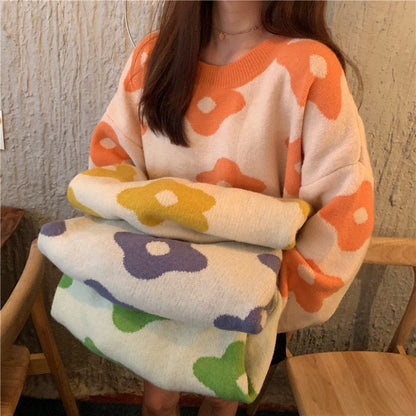 Kinky Cloth Orange / One Size Oversized Flower Pullover Sweater