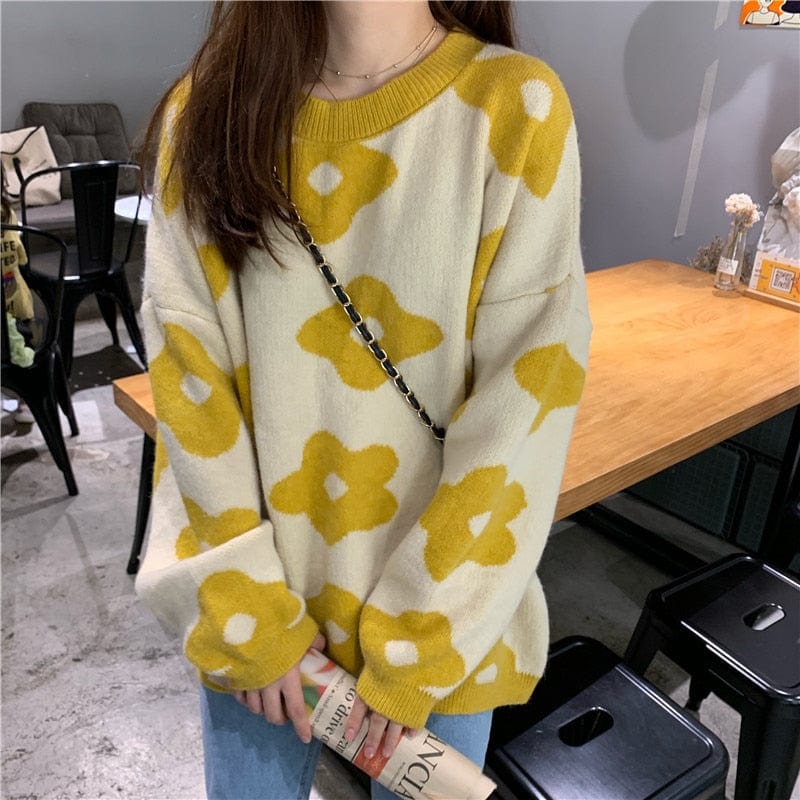 Kinky Cloth Yellow / One Size Oversized Flower Pullover Sweater