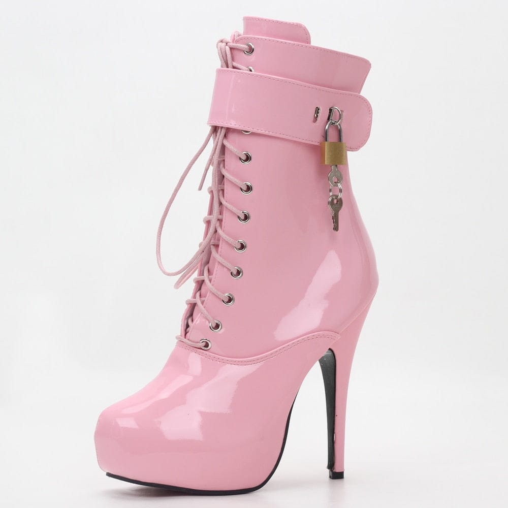 Kinky Cloth Pink shiny / 5 Padlock Platform Ankle Short Boots