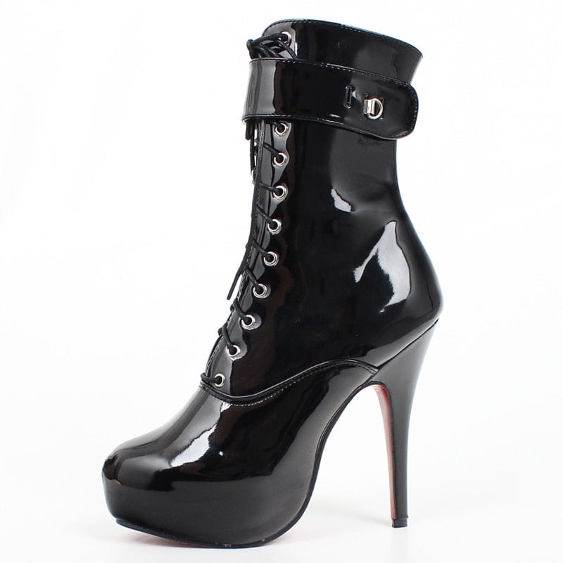 Kinky Cloth Black shiny / 5 Padlocks Platform Ankle Short Boots