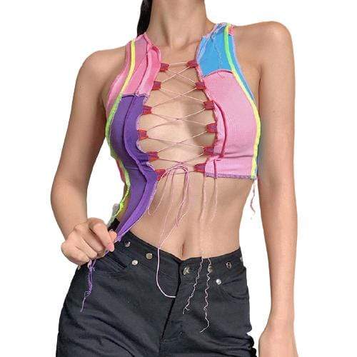 Kinky Cloth 200000790 Patchwork Asymmetrical Lace Up Crop Top