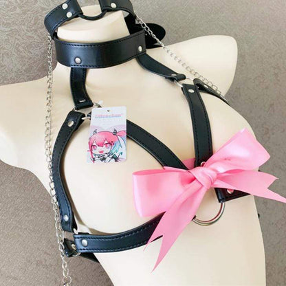 Kinky Cloth 200345142 Pink Bowknot Body Harness  (With Mouth Gag and Nip Clamps)