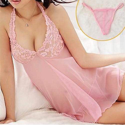 Pink Lace Transparent Nightgown