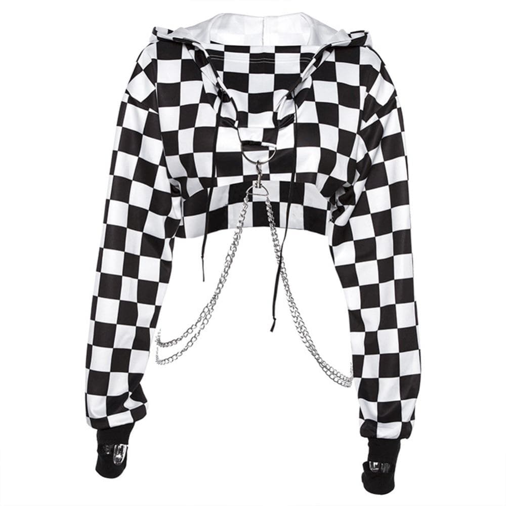 Kinky Cloth 200000348 Black and white plai / 2XL Plaid Solid Chain Hoodie Crop Top