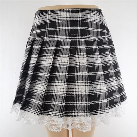 Kinky Cloth Black / XS Pleated Lace Plaid Mini Skirt