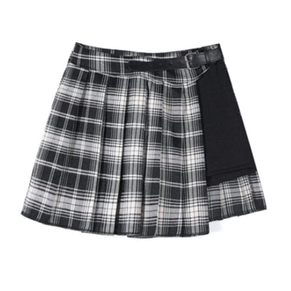 Kinky Cloth Plaid Black with Belt / XS Pleated Side Button Mini Skirt