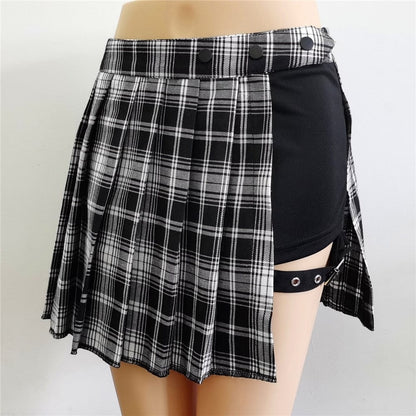 Kinky Cloth Plaid Black with Side Buttons / XS Pleated Side Button Mini Skirt