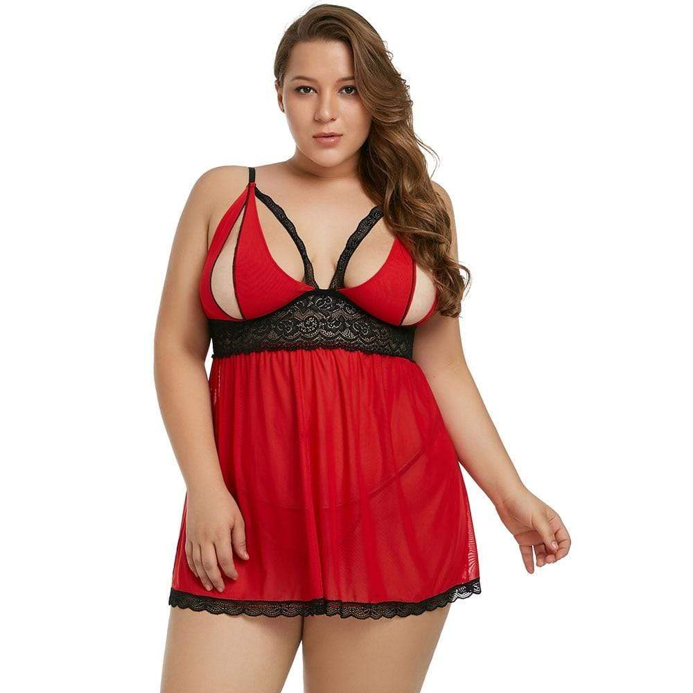 Kinky Cloth 200001901 Red / XL Plus Size Open Cup Nightdress Set