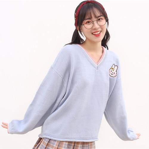 Kinky Cloth 200000373 Rabbit Embroidery V-neck Blue Sweater