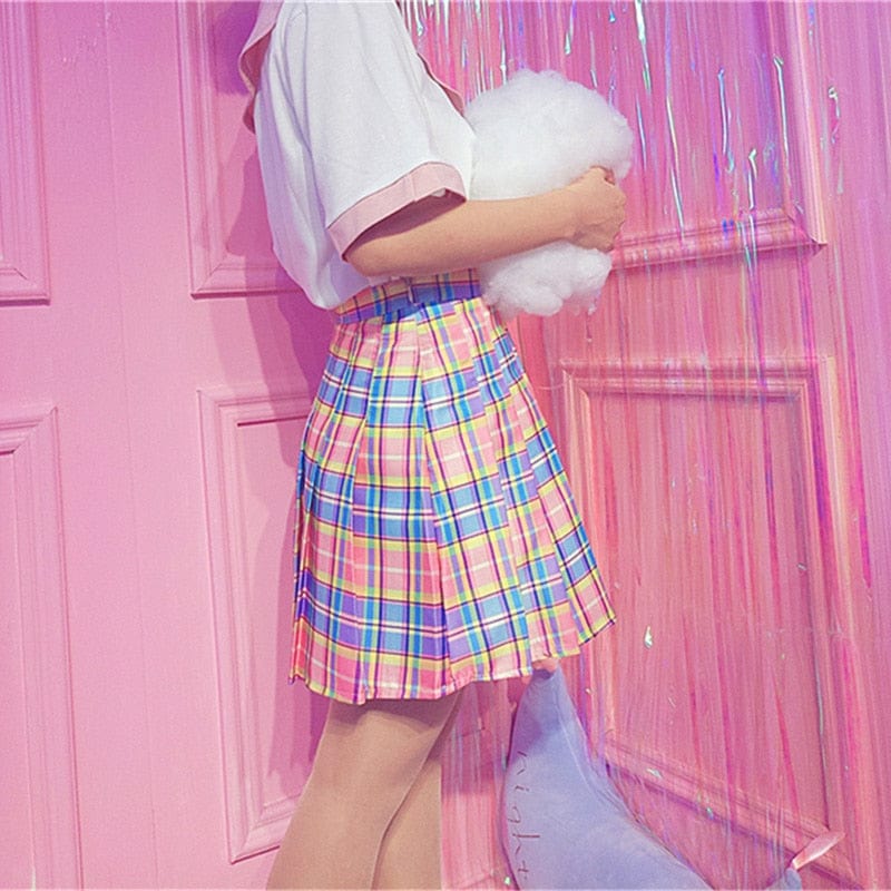 Kinky Cloth Rainbow Plaid Pleated Skirt