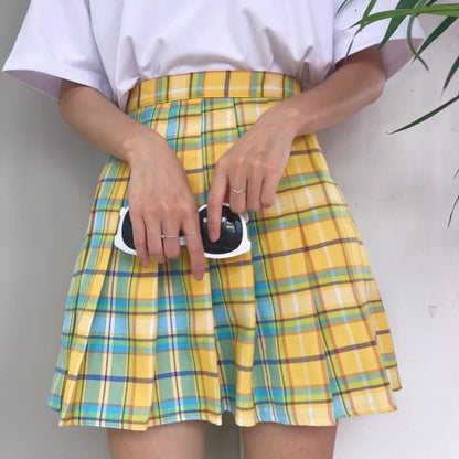 Kinky Cloth Yellow / M Rainbow Plaid Pleated Skirt