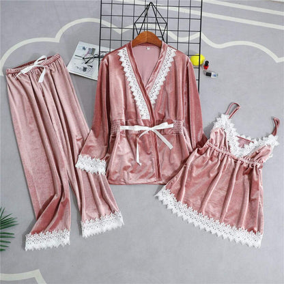 Red Velvet Lace Pajama Set (3 piece)