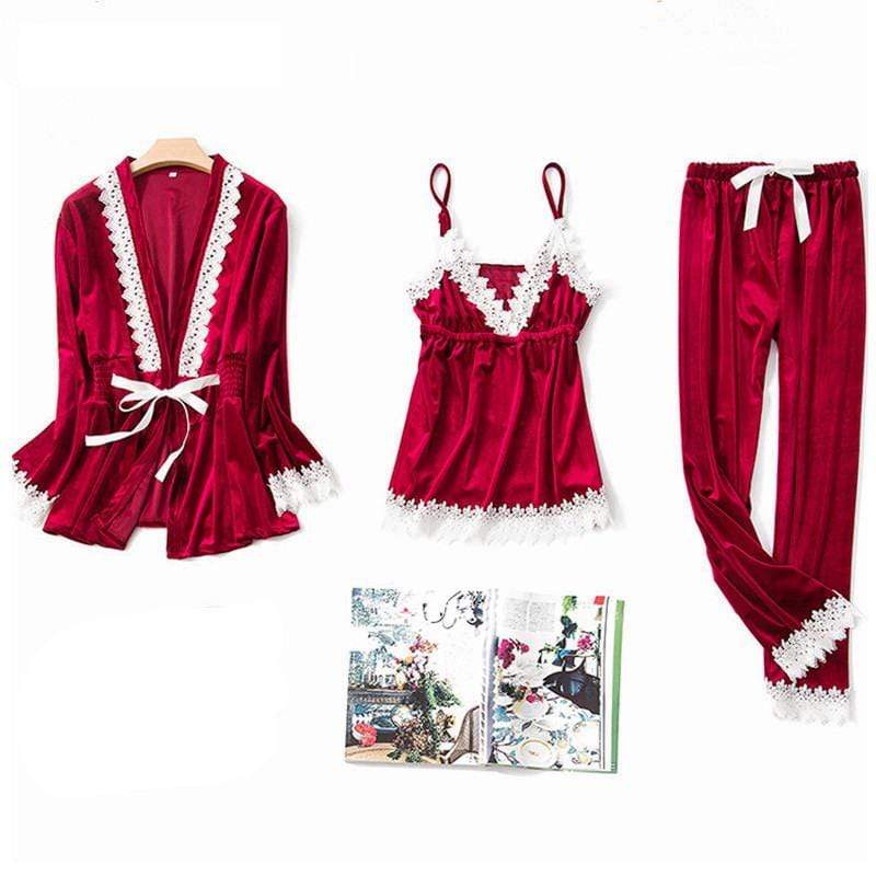 Red Velvet Lace Pajama Set (3 piece)