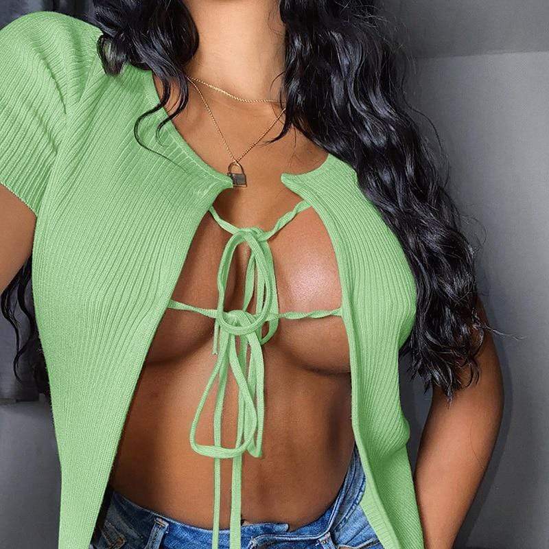 Kinky Cloth 200000790 Green / S Ribbed Double Tie Front Crop Top