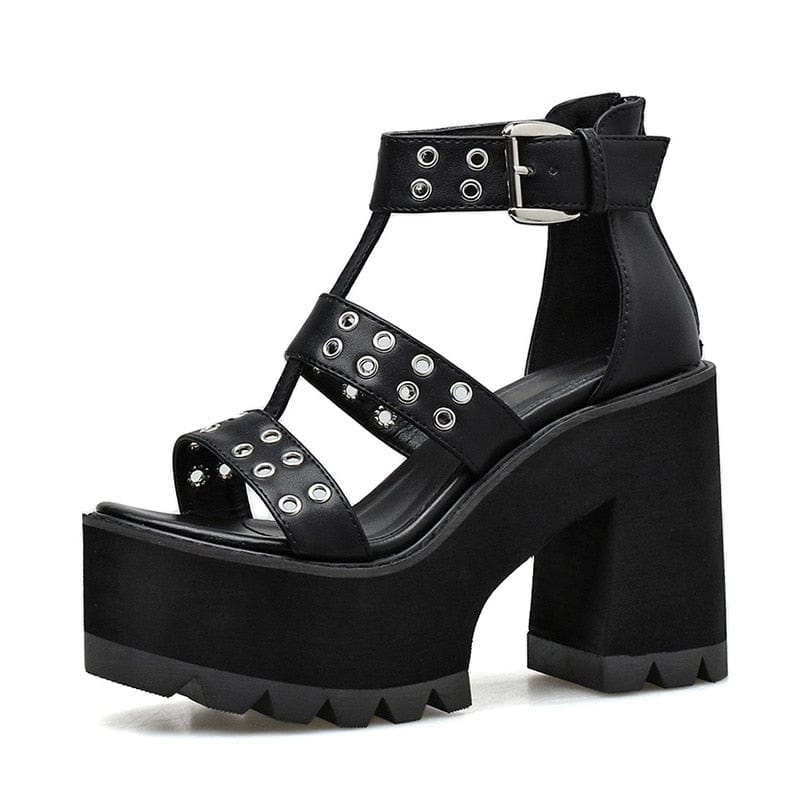 Kinky Cloth black / 4 Rivet Block Heel Platform Sandals