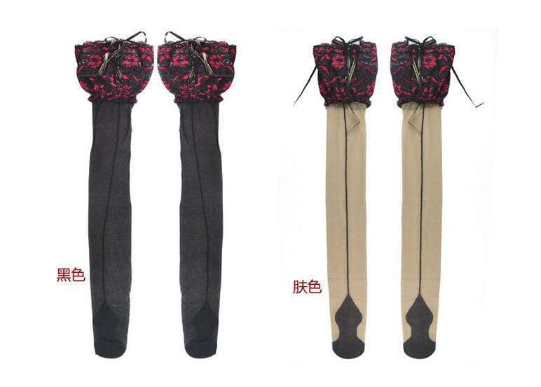 Kinky Cloth Rose Lace Tie Stockings