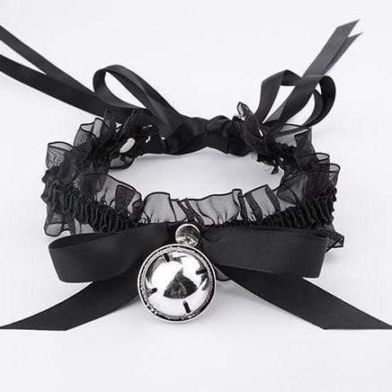 Kinky Cloth necklace BlackSilver Ruffled Ribbon Bell Choker