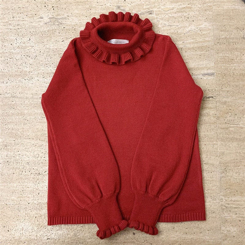 Kinky Cloth Red / One Size Ruffled Turtleneck Knit Sweater