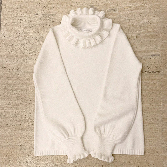 Kinky Cloth White / One Size Ruffled Turtleneck Knit Sweater