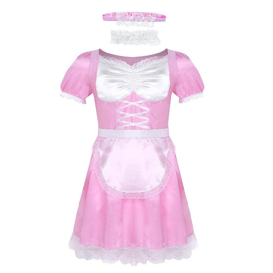 Kinky Cloth Pink / M Satin French Maid Sissy Uniform