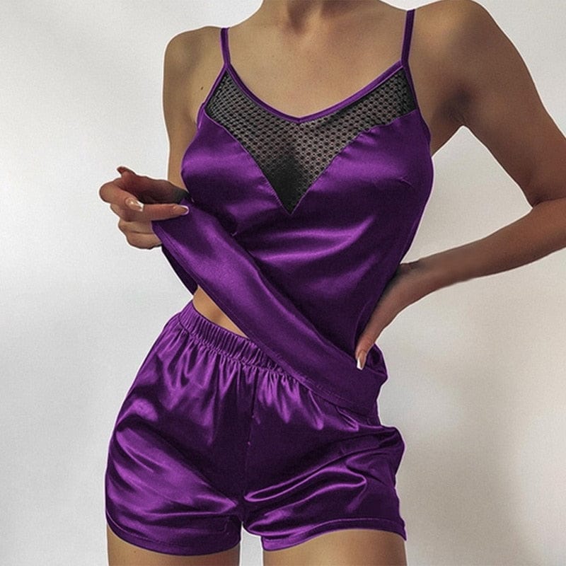 Kinky Cloth Purple / S Satin Mesh V Neck Sleepwear
