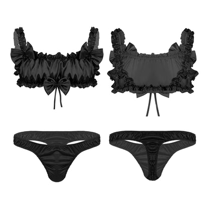 Kinky Cloth Black / M Satin Ruffled Sissy Lingerie Set