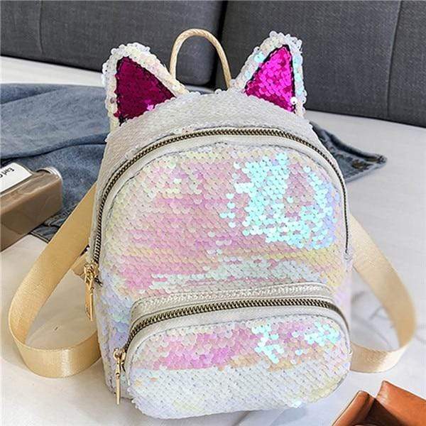 Kinky Cloth Bags & Wallets White Blush Sequin Kitten Ears Backpack