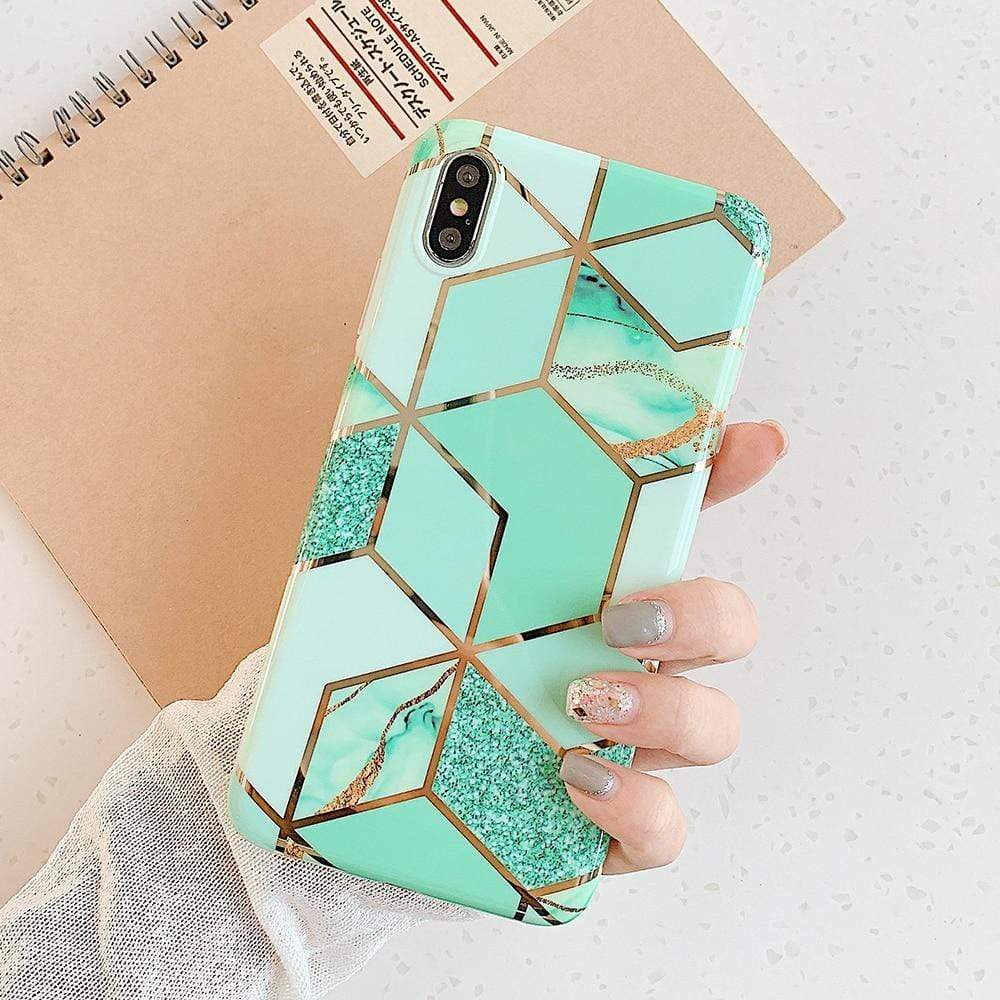 Kinky Cloth 380230 Mint Green / For 7 Plus or 8 Plus Shiny Gold Geometric Marble Design iPhone Case