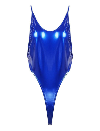 Kinky Cloth 200001800 Blue / One Size Shiny Metallic High-cut Thong Bodysuit