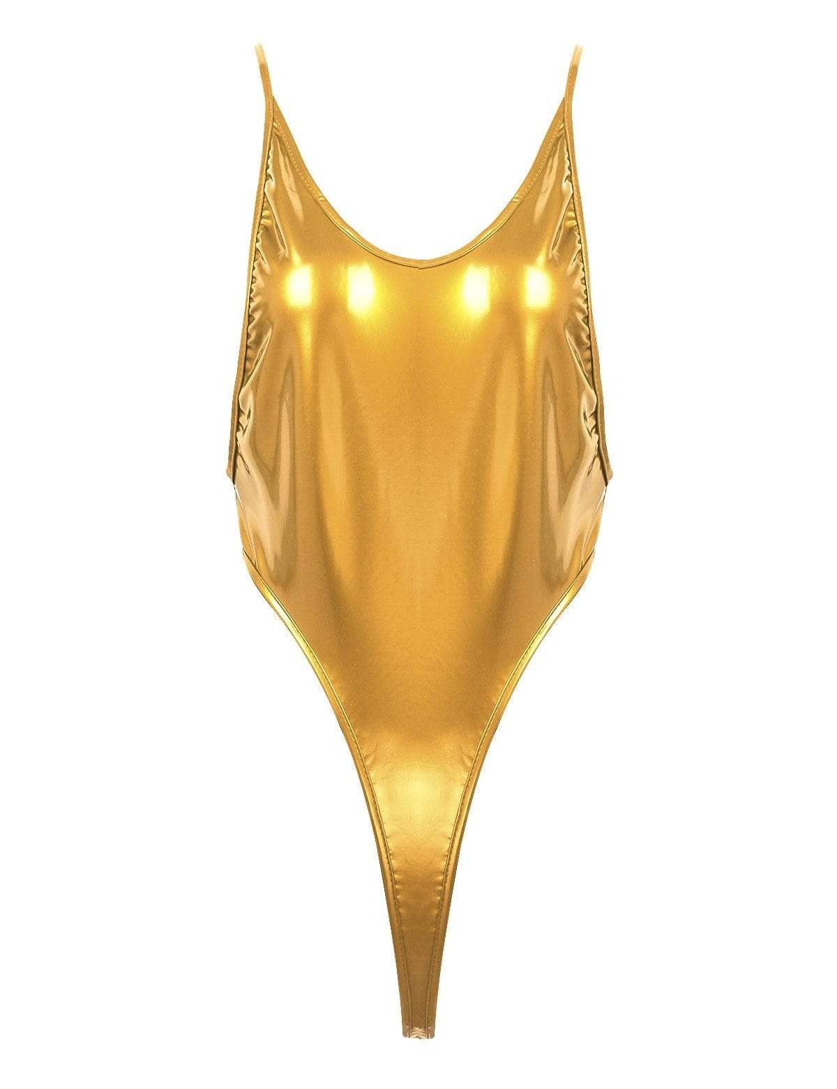 Kinky Cloth 200001800 Gold / One Size Shiny Metallic High-cut Thong Bodysuit