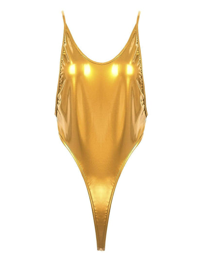 Kinky Cloth 200001800 Gold / One Size Shiny Metallic High-cut Thong Bodysuit