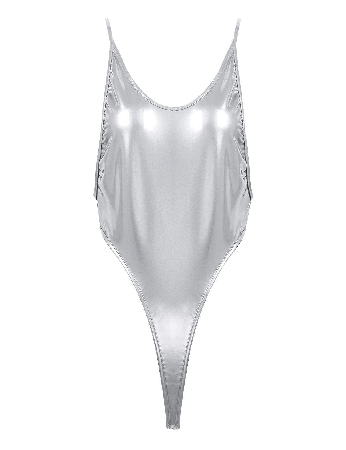 Kinky Cloth 200001800 Silver / One Size Shiny Metallic High-cut Thong Bodysuit