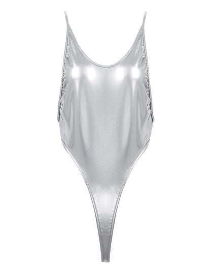 Kinky Cloth 200001800 Silver / One Size Shiny Metallic High-cut Thong Bodysuit