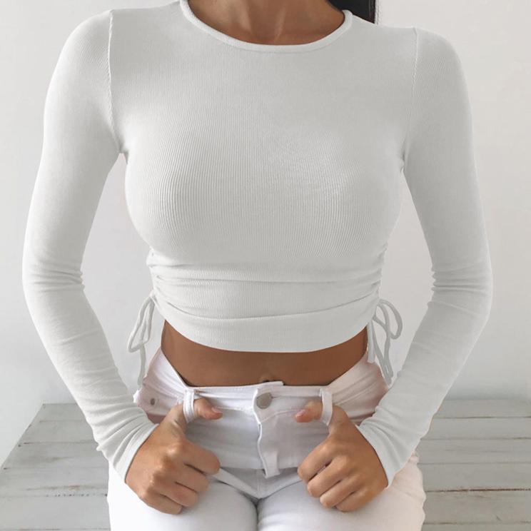 Side Drawstring Ruched Crop Top, Solid O-Neck Long Sleeve Crop Top
