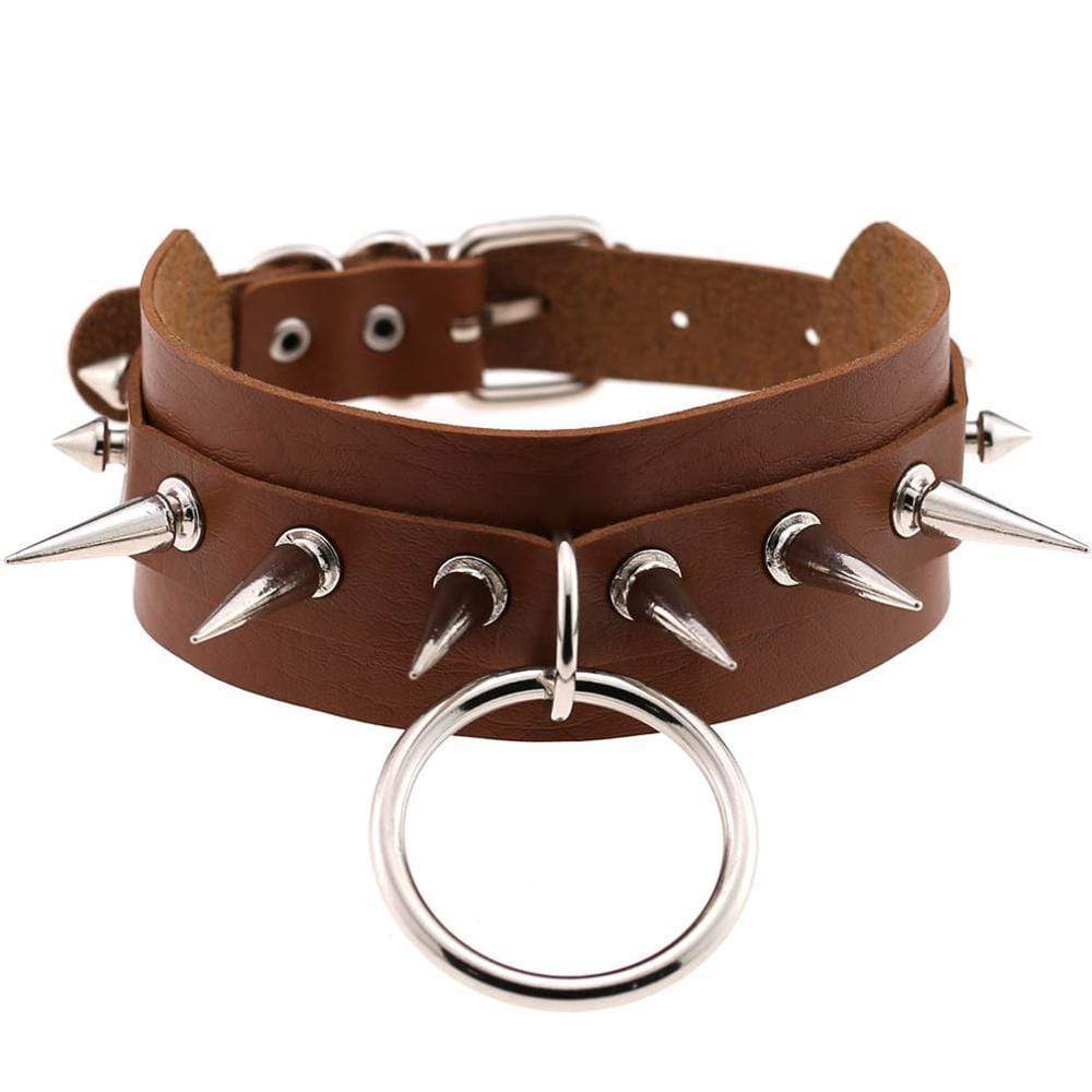 Kinky Cloth Necklace Brown Spiked O Ring Collar