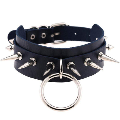 Kinky Cloth Necklace Dark Blue Spiked O Ring Collar