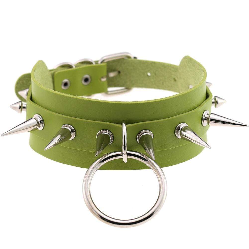 Kinky Cloth Necklace Green Spiked O Ring Collar