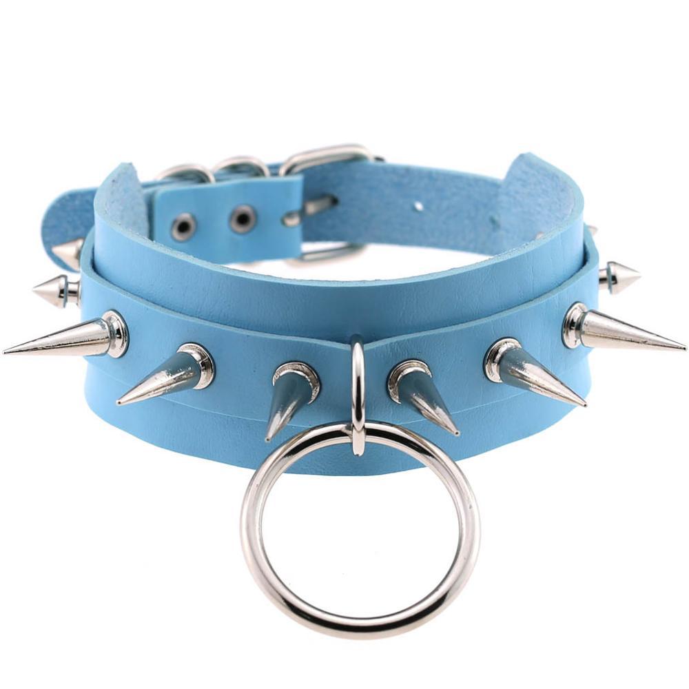 Kinky Cloth Necklace Light Blue Spiked O Ring Collar
