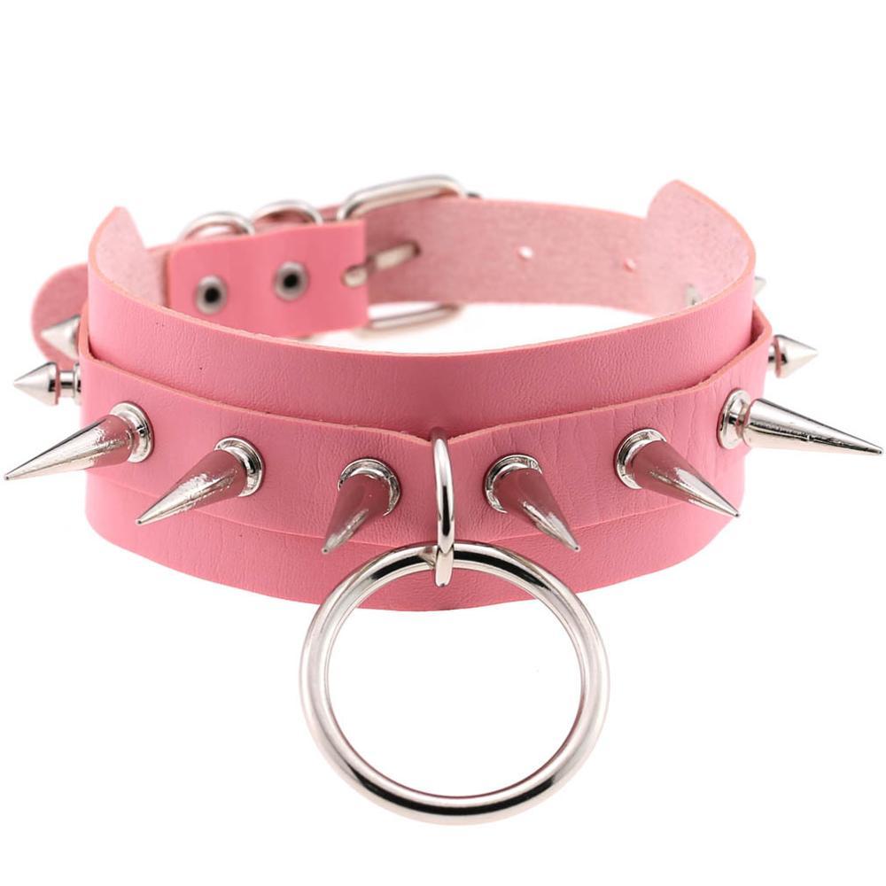 Kinky Cloth Necklace Pink Spiked O Ring Collar
