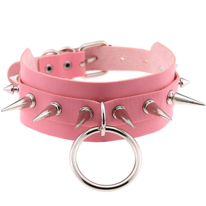 Kinky Cloth Necklace Pink Spiked O Ring Collar