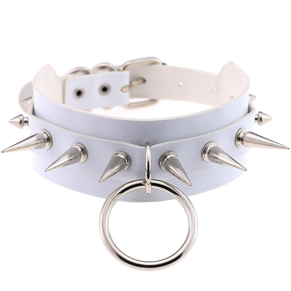 Kinky Cloth Necklace White Spiked O Ring Collar