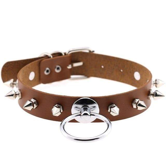 Kinky Cloth Brown Spiked Ring Collar