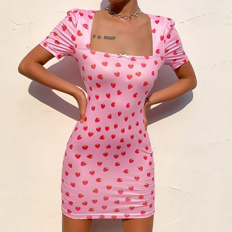 Kinky Cloth 200000347 Pink / S Strawberry Printed Square Neck Mini Dress