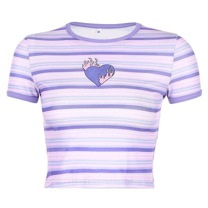 Kinky Cloth 200000791 Purple Stripe / S Stripe Heart Embroidery Crop Shirt