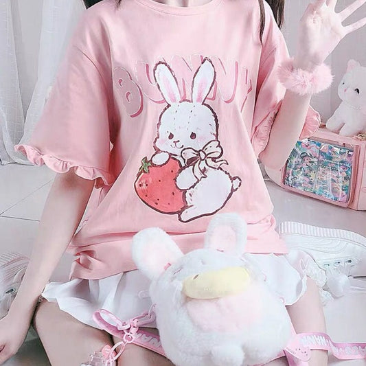 Kinky Cloth 0 Summer Japanese Women Cute Lolita Pink T-Shirts Kawaii Strawberry Bunny Graphic Ruffles Short Sleeve Tops Girl Rabbit Tee Tshirt